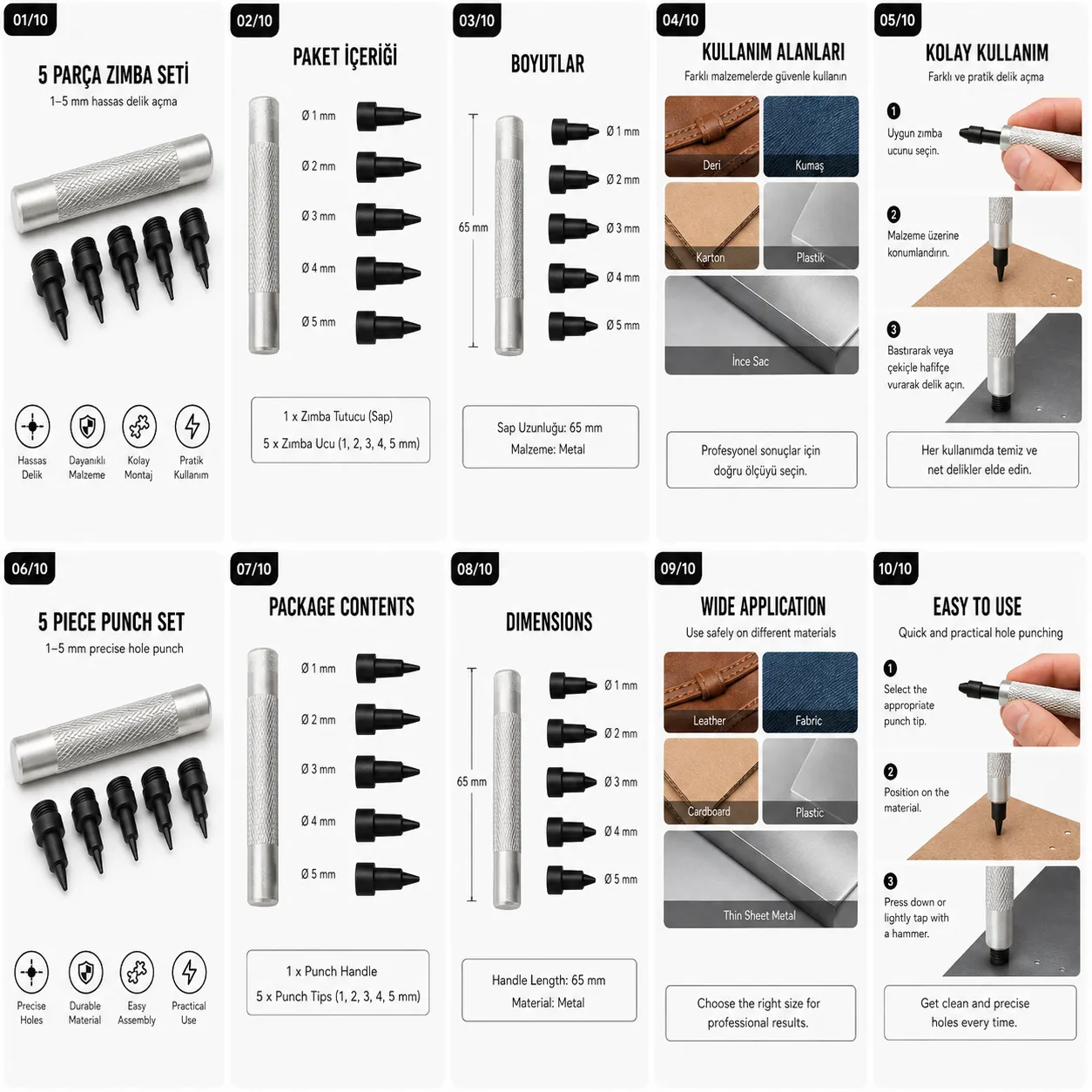 Hole Punch Set with Interchangeable Tips 1-5 mm for Leather and Fabric Accessories